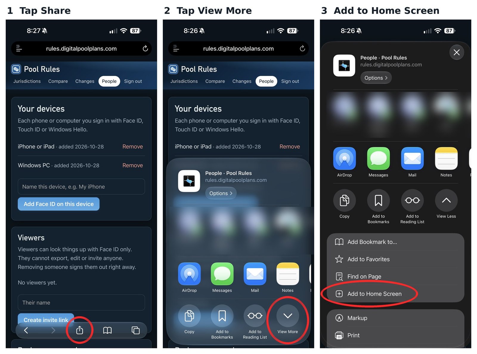 Three iPhone screens: tap the Share button at the bottom, tap View More, then tap Add to Home Screen